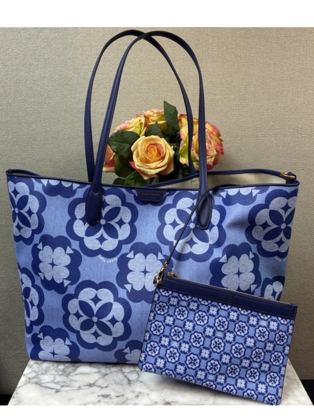 NWT Kate Spade Oversized Outerspace Blue Spade Flower tote bag K9772